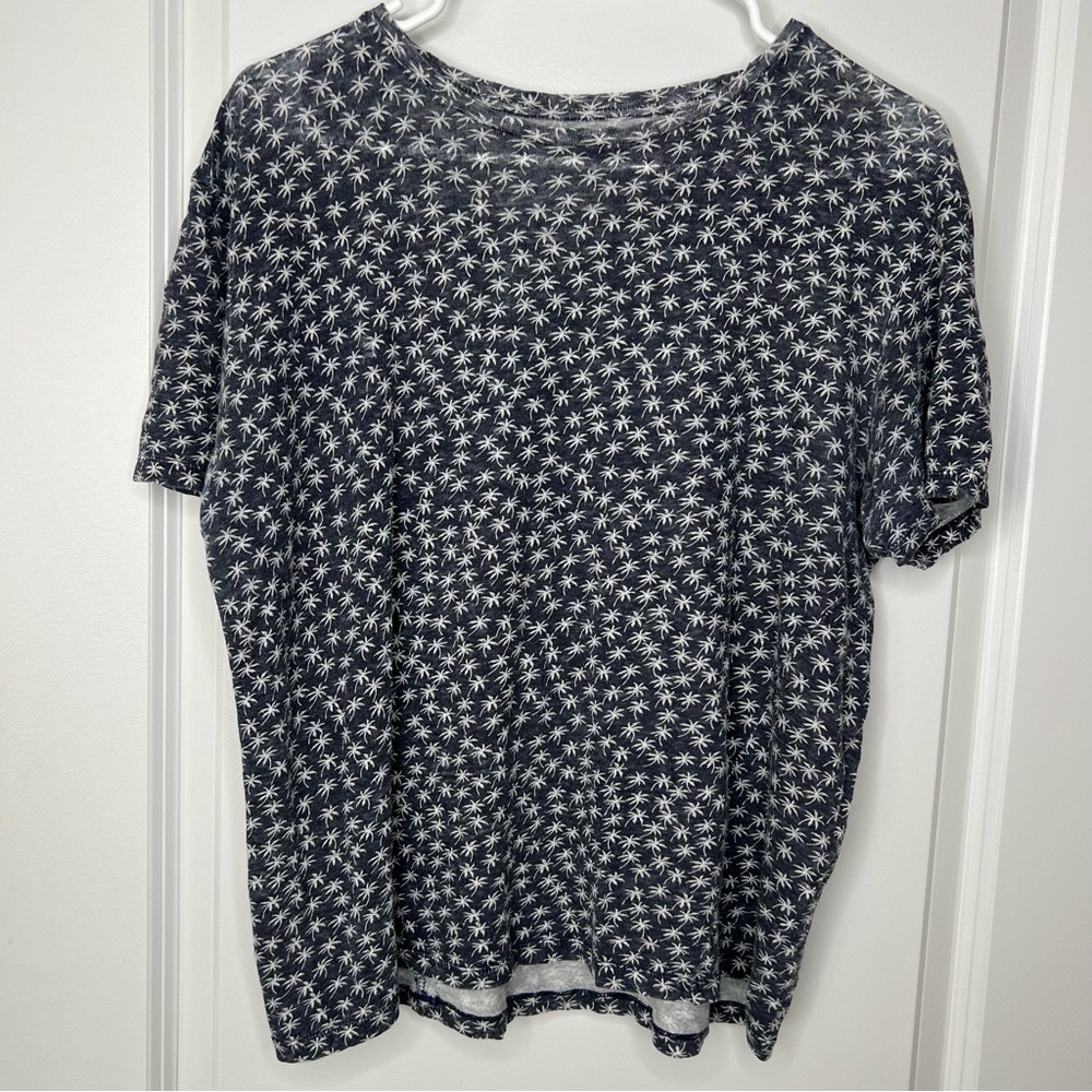 Zara Man Linen Tee Size Large Short sleeve tshirt Navy Blue and White Palm Trees